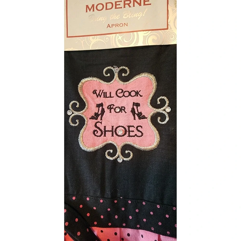 Moderne Apron Pink Black Will Cook For Shoes Ruffle Rhinestone NOS Bling 2014